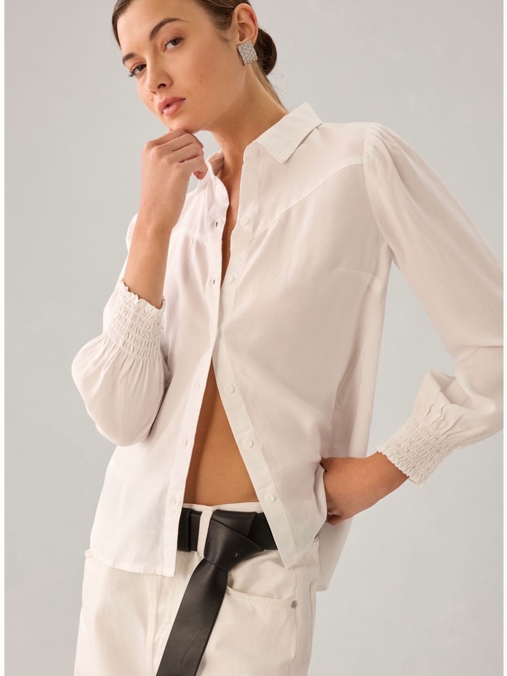 Cloth & Stone Western White Button-Down Shirt with Smocked Cuffs